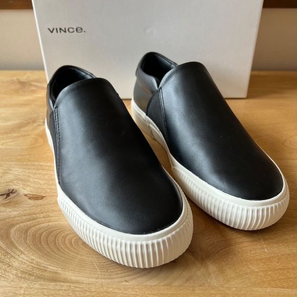 VINCE KNOX BLACK LEATHER SLIP ON SNEAKERS PLATFORM NIB 7.5 MINIMALIST MODERN - Picture 4 of 11
